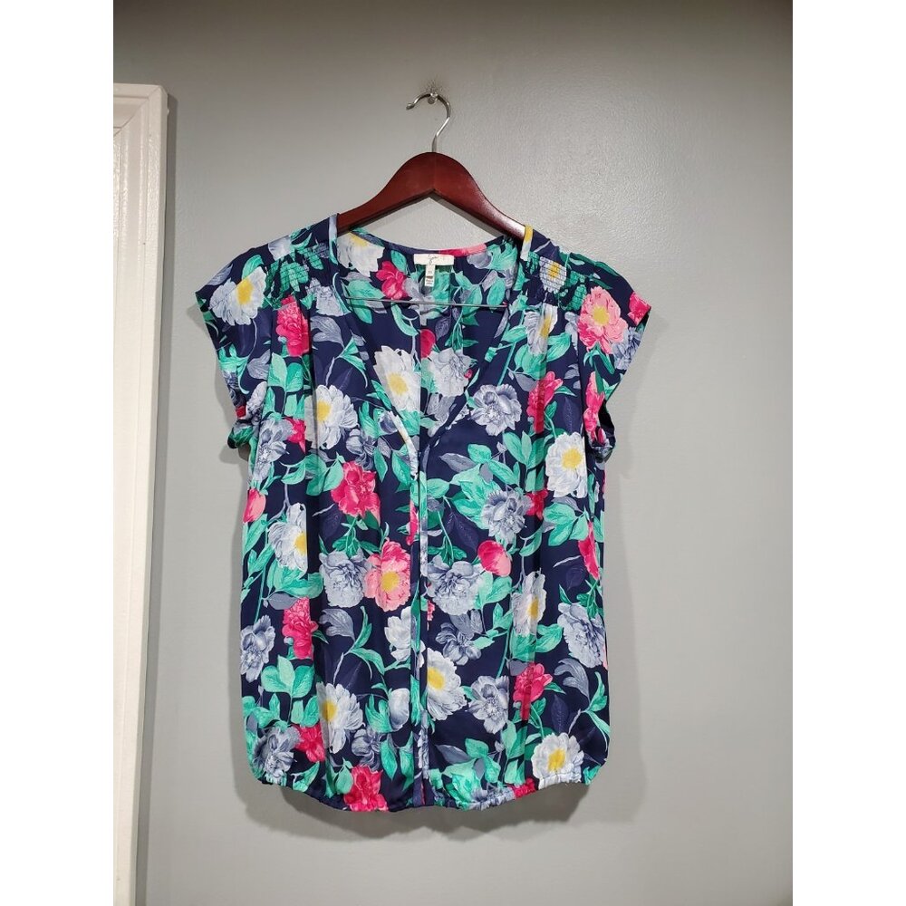 Joie Navy Floral Print 100% Silk Blouse Short-Sleeved XS